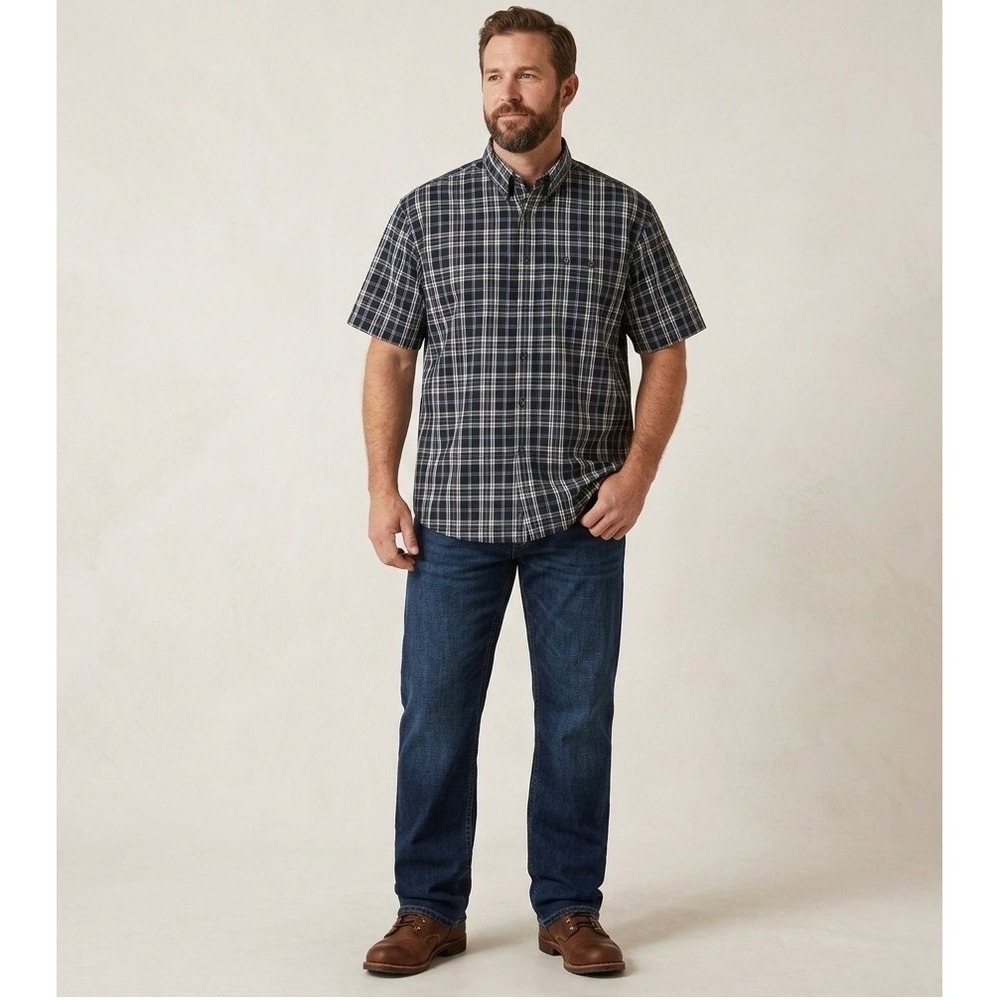 Wrangler George Strait Shirt Mens Large Black Plaid Short Sleeve Relaxed Fit